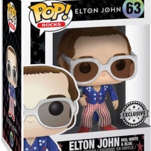 Elton John en rouge, blanc et bleu pailleté