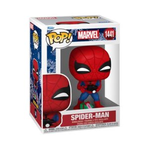 Funko Pop Spider-Man représenté avec un cadeau ouvert, exclusivité de collection Marvel