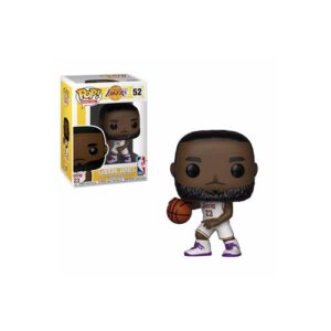 Funko Pop LeBron James des Lakers présenté avec son uniforme blanc