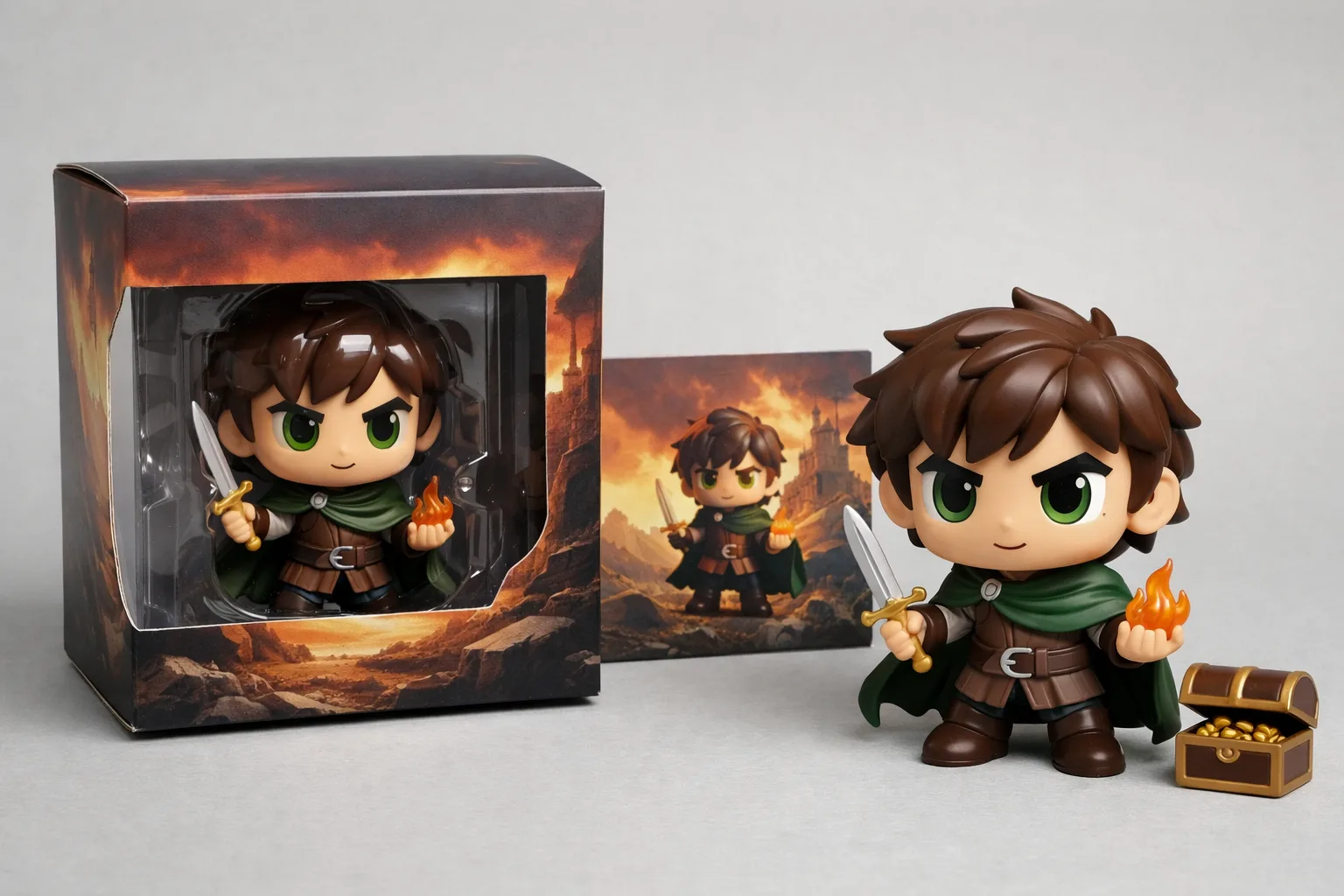 Boîte ouverte d’une figurine vinyle, personnage sorti et petit accessoire séparé posé devant son emballage.