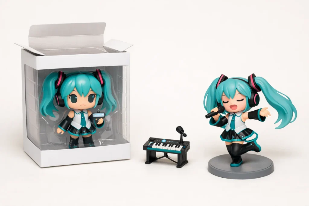 Figurine vinyle de collection dans une boîte ouverte, avec un petit accessoire posé à côté et un objet intégré à sa pose.