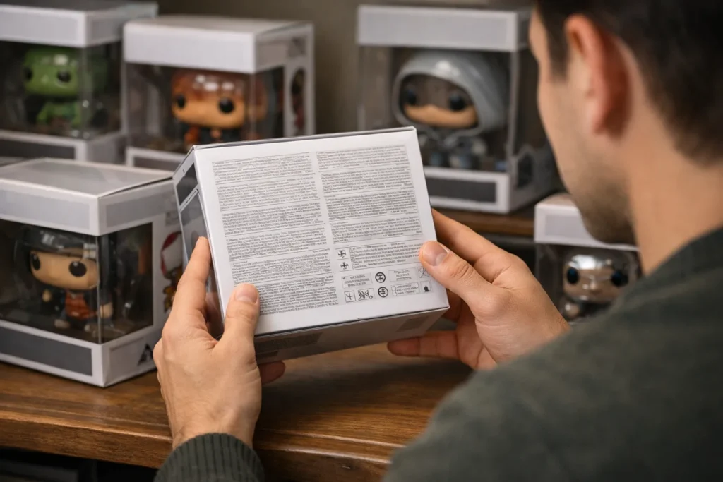 Des boîtes de figurines de collection côte à côte, leurs mentions légales au dos comparées à la loupe.