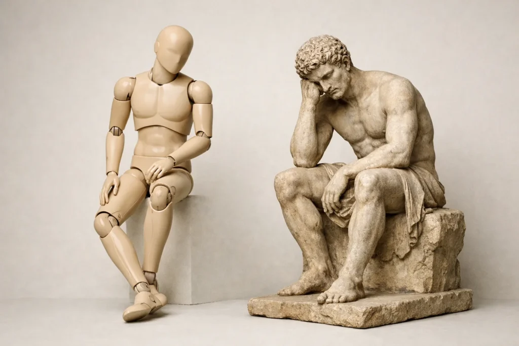 Un modèle articulé posé près d’une pièce de collection sculptée dans une posture fixe.
