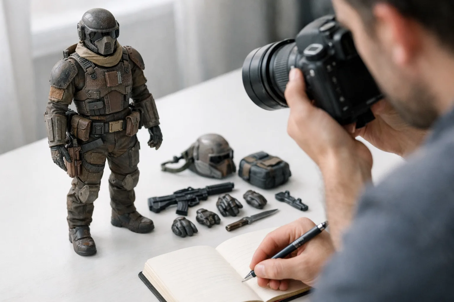 Une personne photographie une figurine et note sa description dans un carnet.