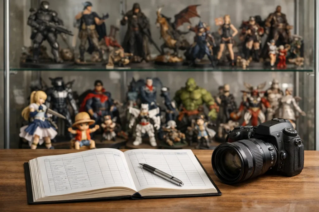 Des figurines rangées dans une vitrine près d’un carnet d’inventaire ouvert.
