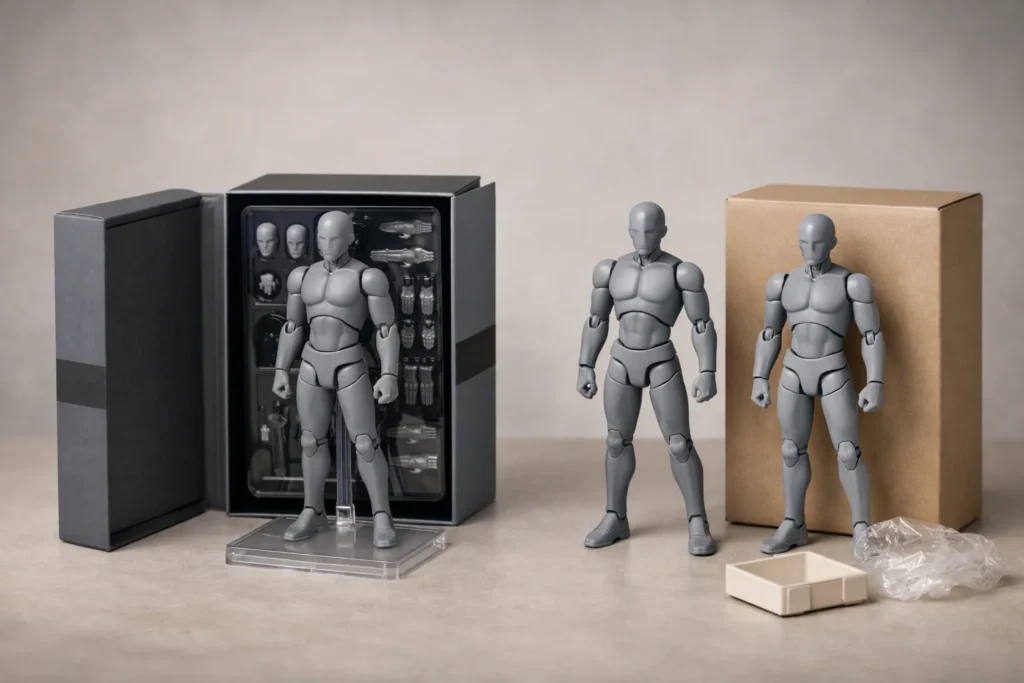 Deux figurines de collection aux apparences proches sont posées devant des emballages différents sur une table neutre.