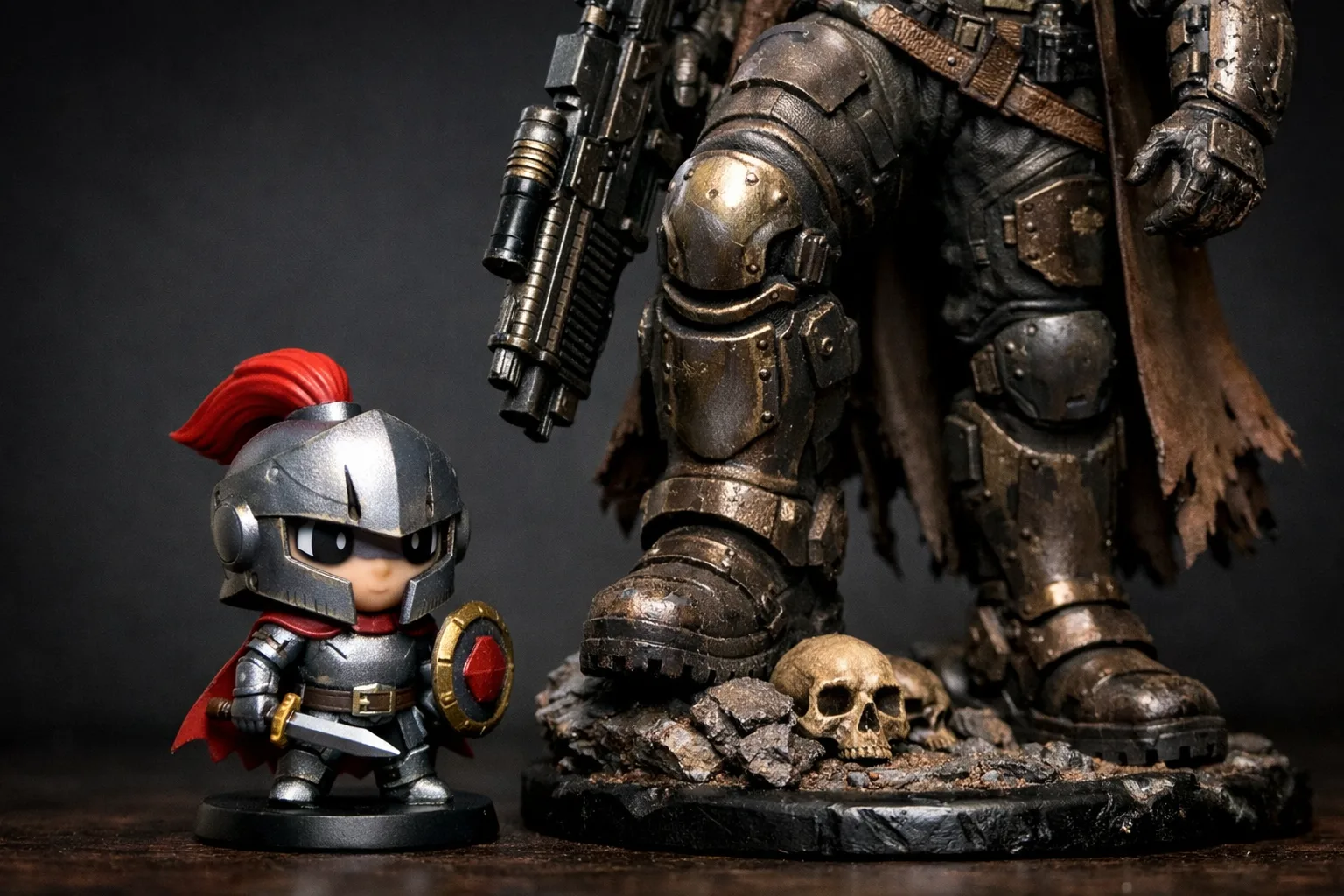 Une petite figurine de collection placée à côté d’une figurine plus grande pour comparer leur échelle.