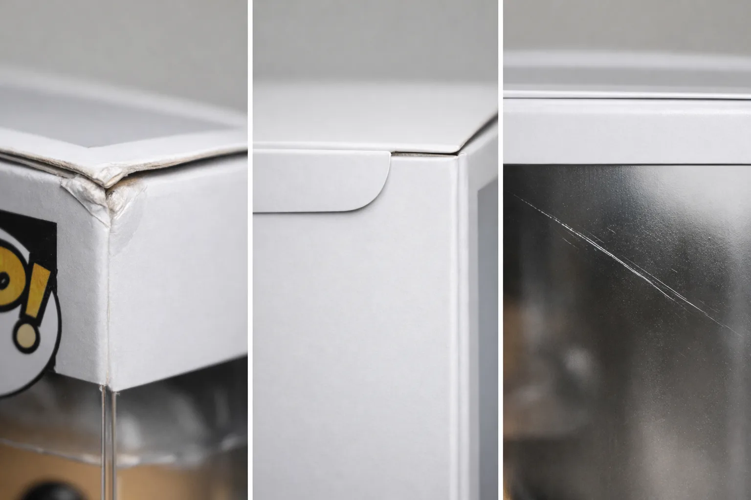 Détail d’une boîte Funko Pop générique montrant un coin de carton plié et une rayure sur la fenêtre.