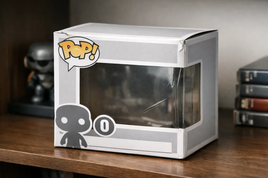 Boîte de figurine Funko Pop générique avec un coin légèrement écrasé et une rayure sur la fenêtre transparente.
