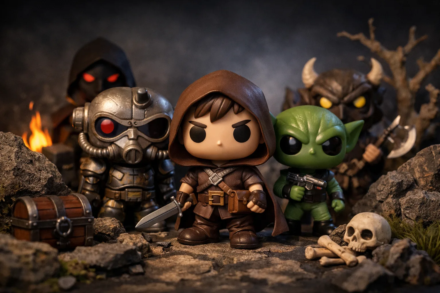 Figurines vinyles à grosse tête devant un fond sobre, avec des éléments de décor disposés à différentes profondeurs.