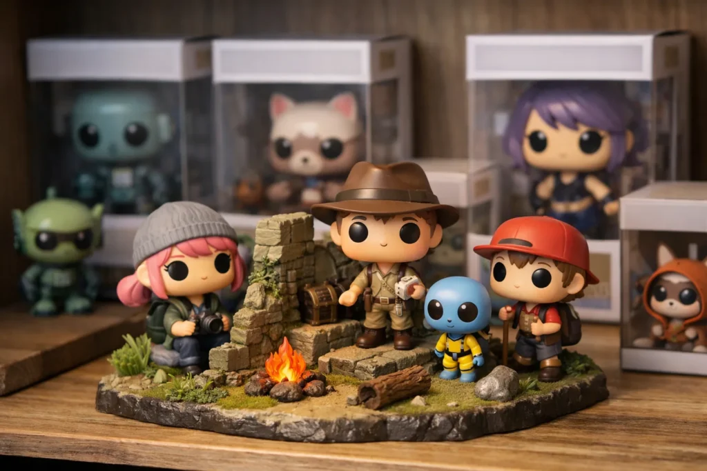 Figurines vinyles à grosse tête disposées dans un petit décor, avec leurs boîtes visibles derrière elles.
