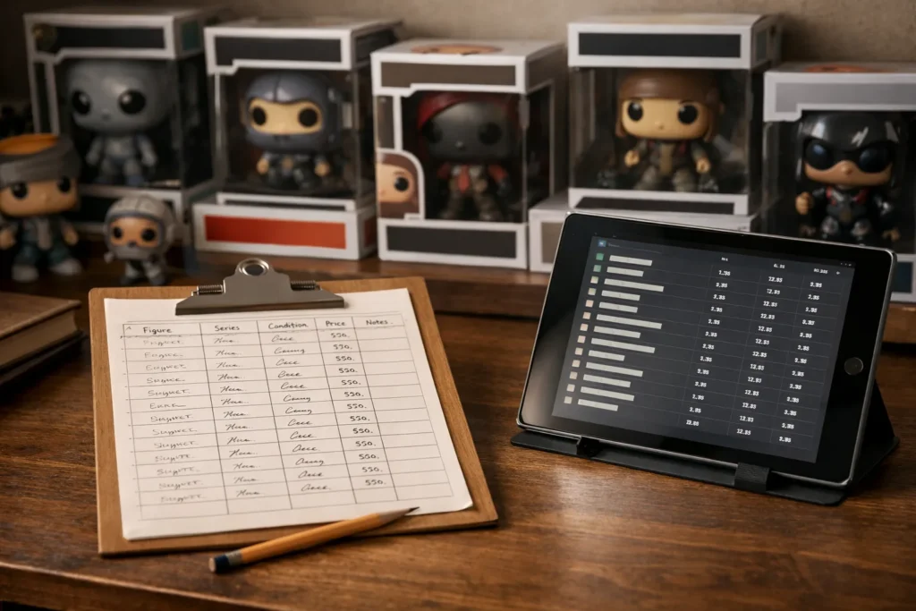 Boîtes de figurines vinyle rangées près d’une fiche de catalogue et d’une tablette affichant une liste de collection.