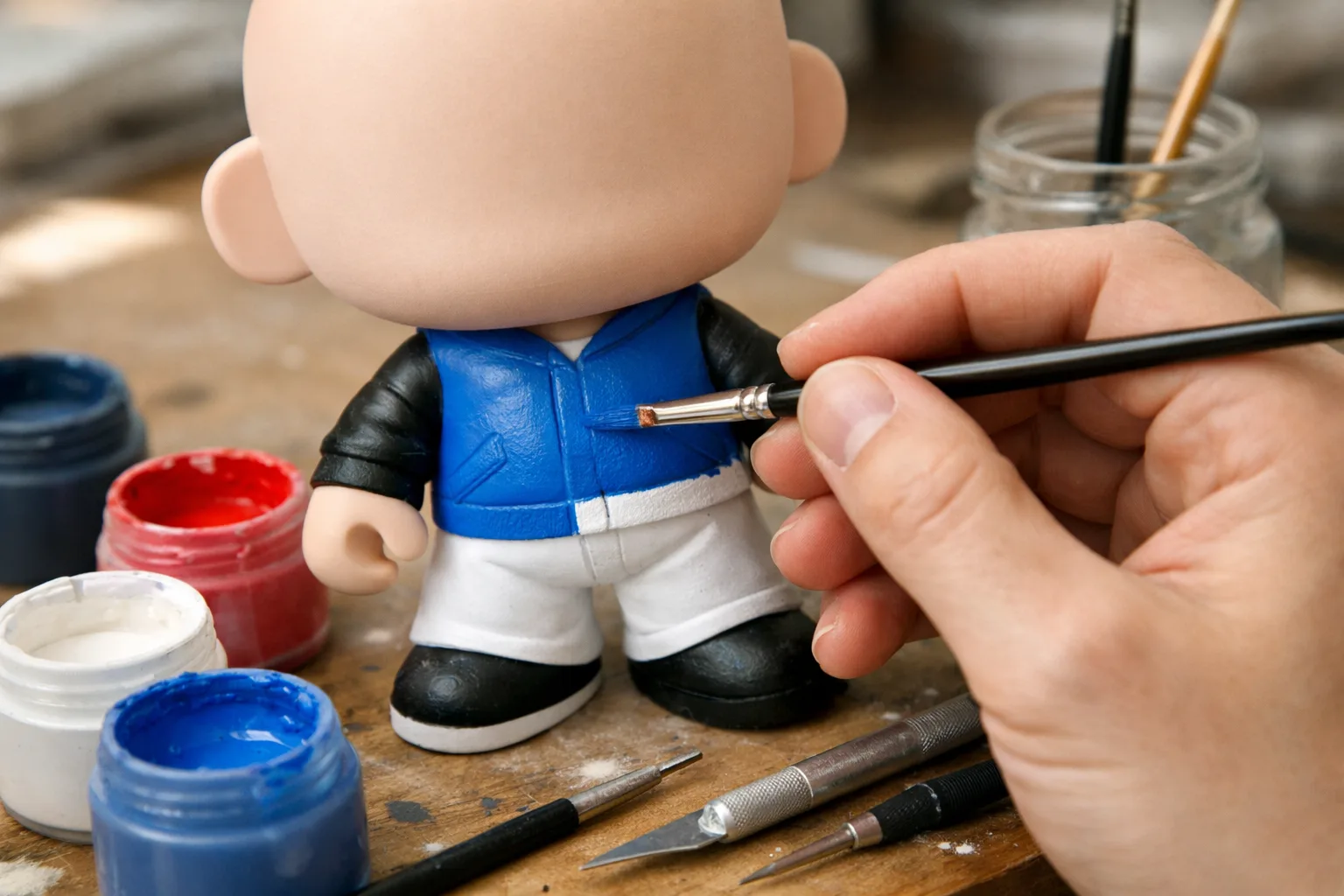 Un pinceau applique de la peinture sur le vêtement d’une figurine vinyle générique, près de petits pots de couleur.