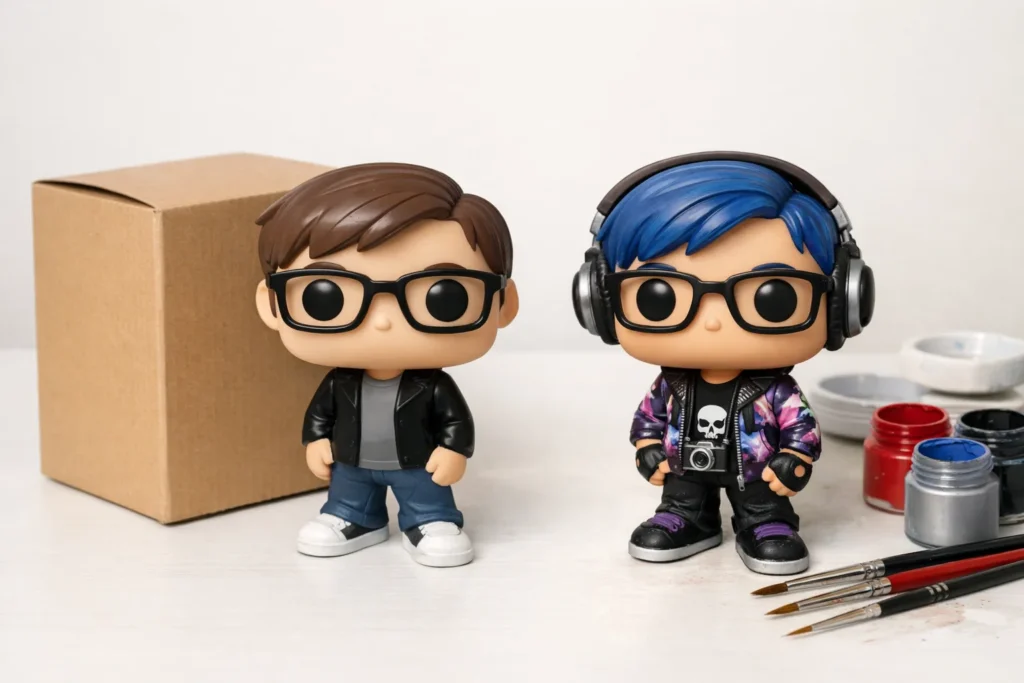 Deux figurines vinyle stylisées, l’une près d’une boîte neutre et l’autre entourée de pinceaux et de peinture.