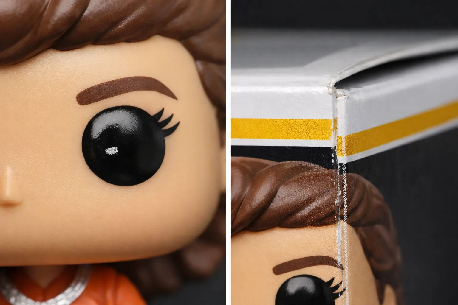 Détail d’une figurine stylisée montrant une irrégularité de peinture, à côté d’un bord de boîte où le graphisme est légèrement décalé.