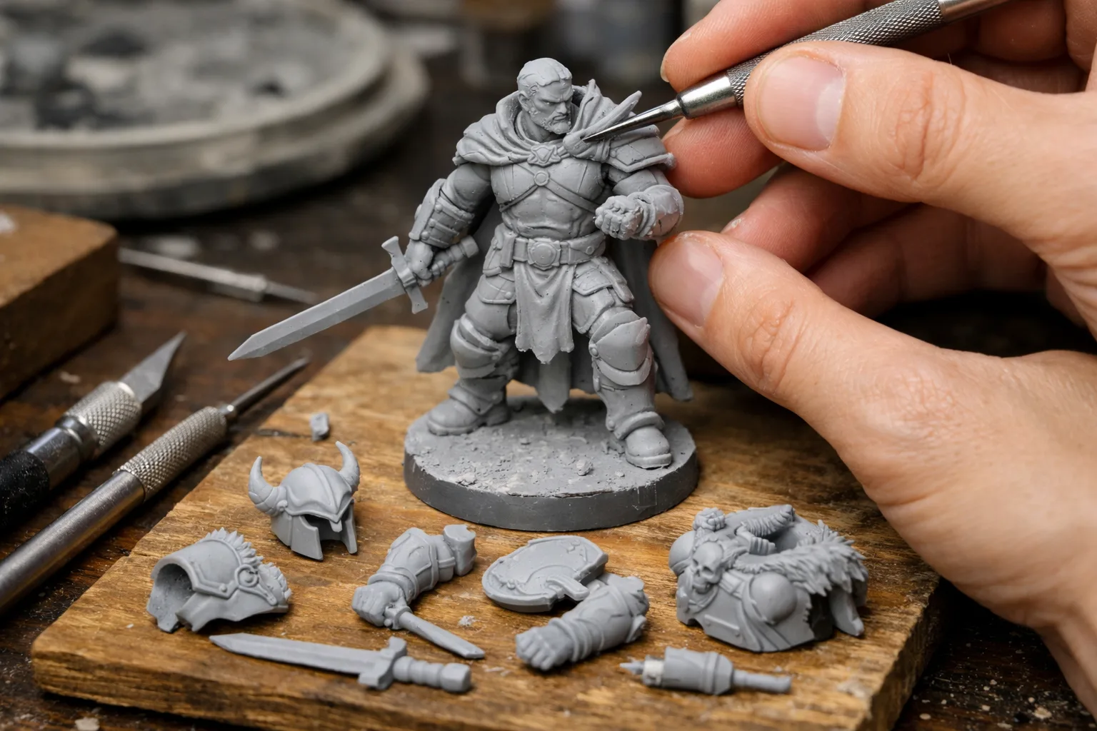 Une sculpture monochrome de figurine est entourée de plusieurs pièces séparées avant assemblage.