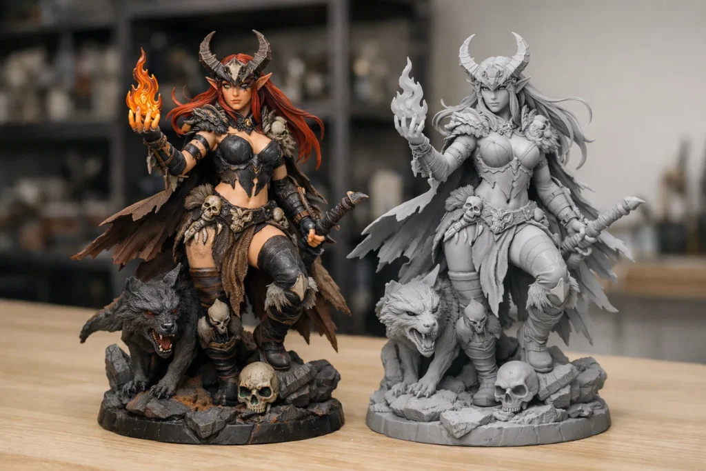 Une figurine peinte se tient à côté d’un prototype monochrome représentant la même pose.