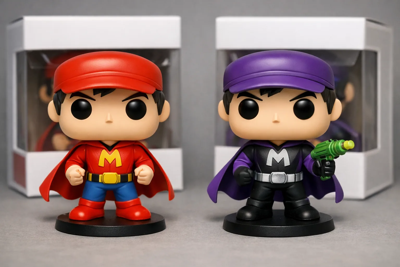 Deux figurines du même personnage, l’une avec une tenue classique et l’autre avec une couleur et un accessoire différents.