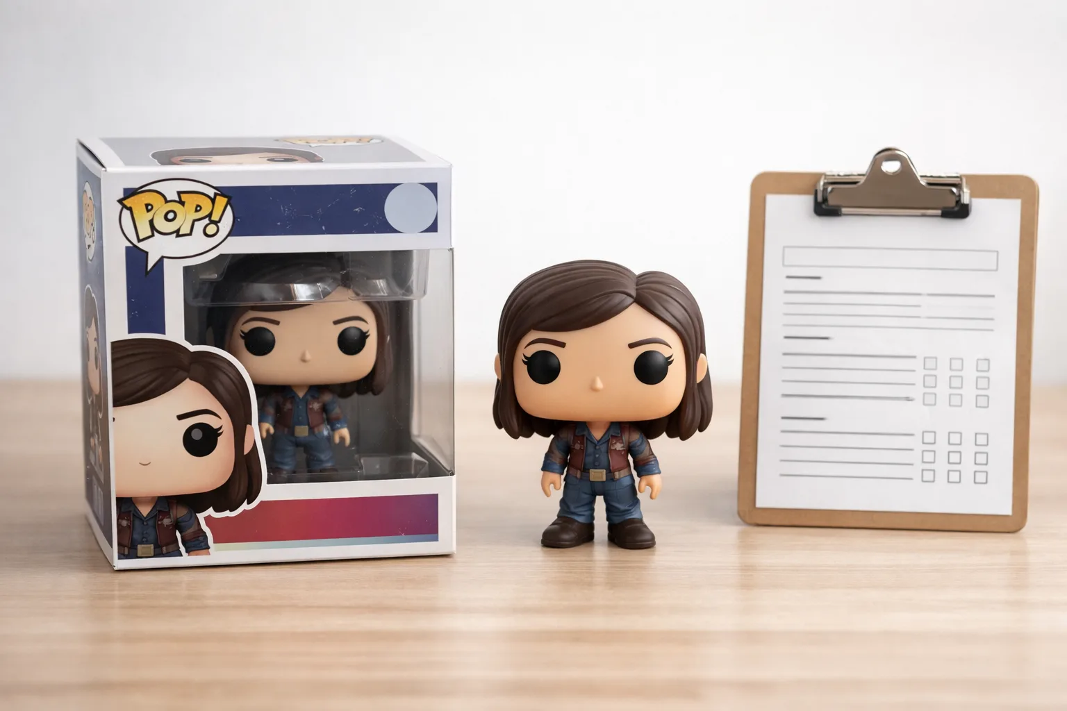 Une figurine visible dans sa boîte est examinée à côté d’une fiche d’évaluation.