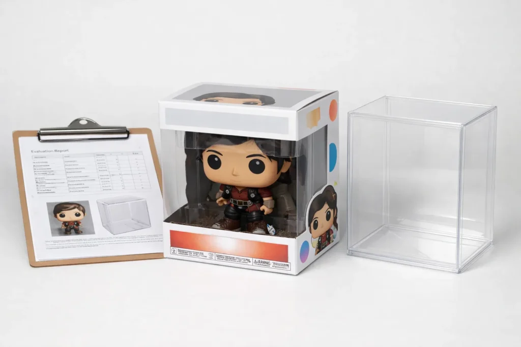 Une Funko Pop en boîte est présentée près d’un rapport d’évaluation et d’une protection transparente.