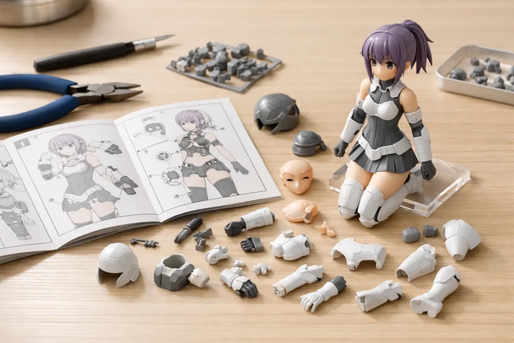 Figurine de personnage partiellement assemblée entourée de pièces détachées et d’une notice.