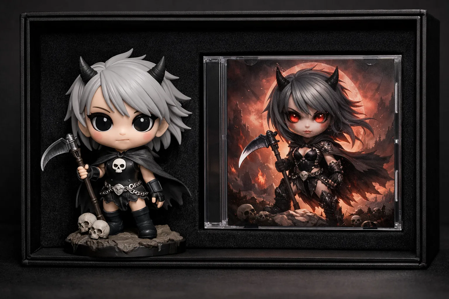 Figurine stylisée et pochette d’album fictive réunies dans un coffret de collection.