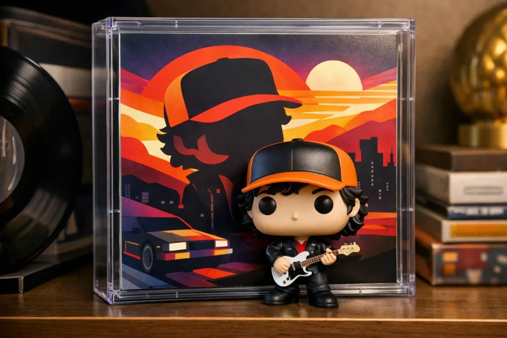 Coffret de collection avec une figurine stylisée devant une pochette musicale colorée, posé sur une étagère.