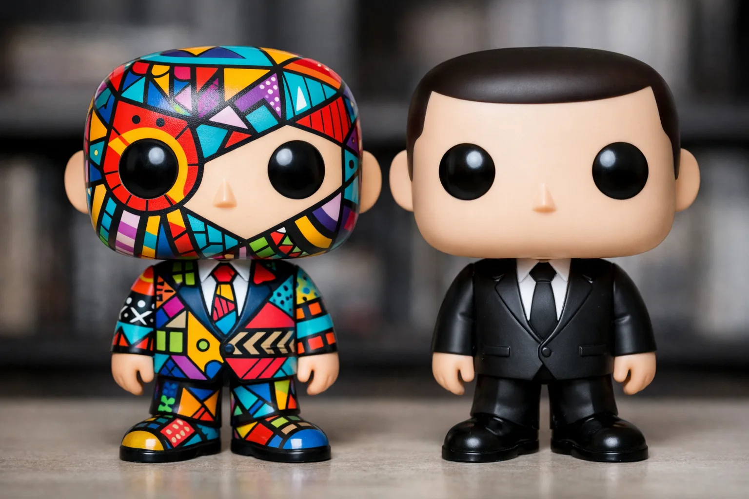 Deux figurines stylisées d’un même personnage, l’une décorée de motifs graphiques et l’autre au rendu plus sobre.