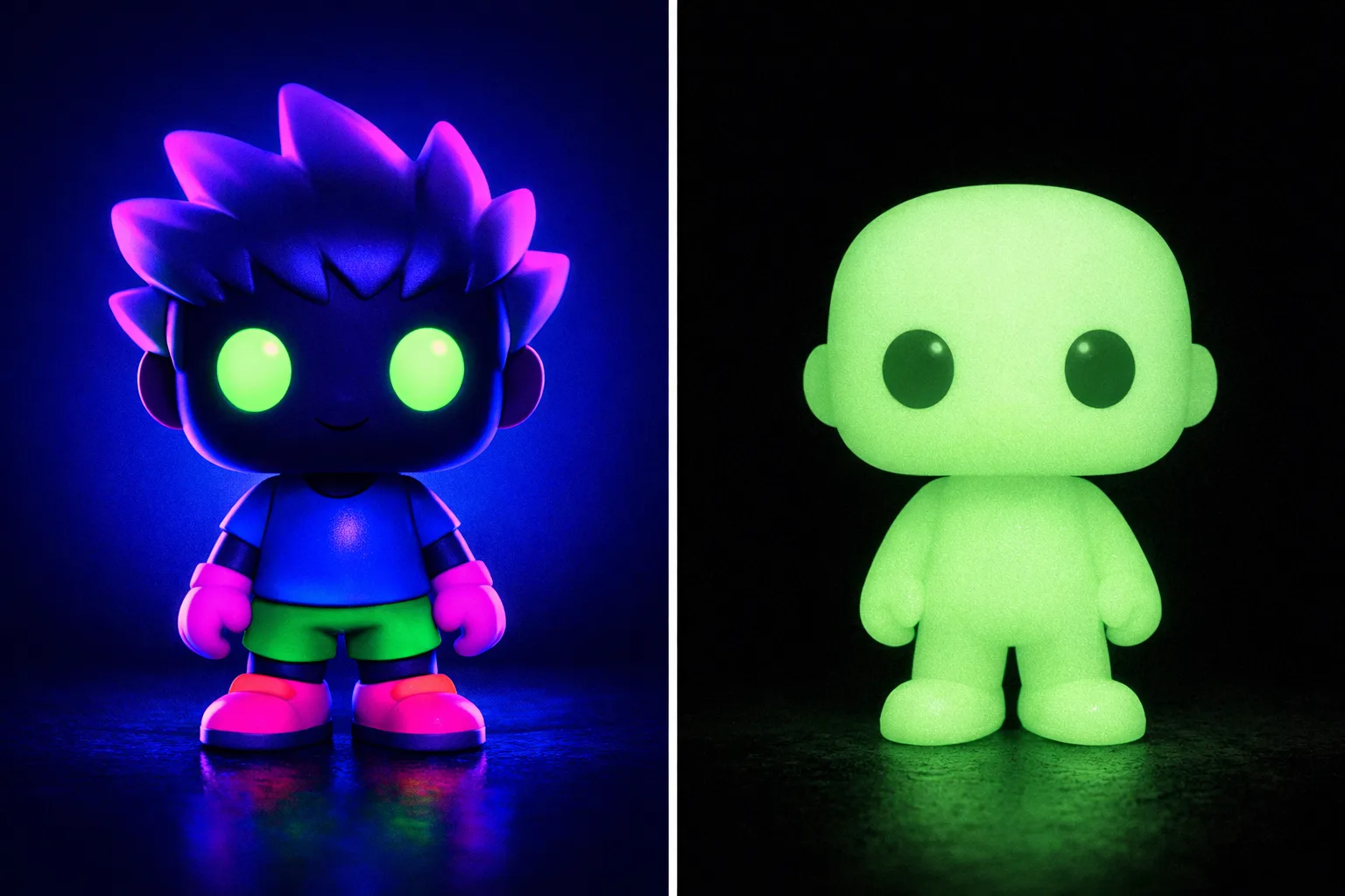 Comparaison entre une figurine colorée sous lumière noire et une figurine phosphorescente visible dans l’obscurité.