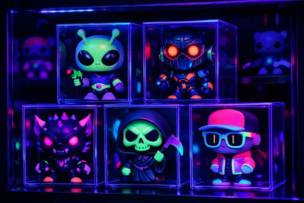Des figurines de collection aux couleurs vives présentées dans une vitrine sous une lumière noire.