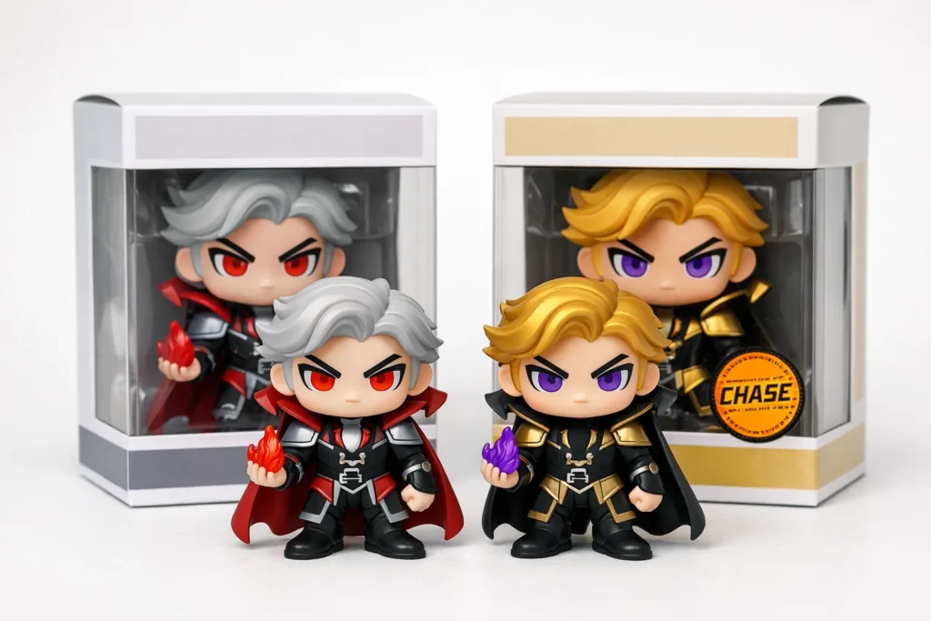 Deux figurines de collection similaires sont présentées dans leurs boîtes, dont l’une porte un sticker Chase et une tenue de couleur différente.