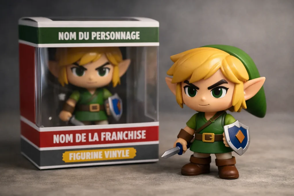 Boîte de figurine vinyle de collection avec le nom du personnage et une catégorie éditoriale visibles sur la face avant.