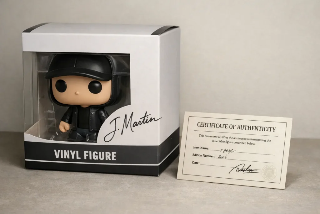 Boîte de figurine vinyle signée au marqueur, avec un document de provenance posé à côté.