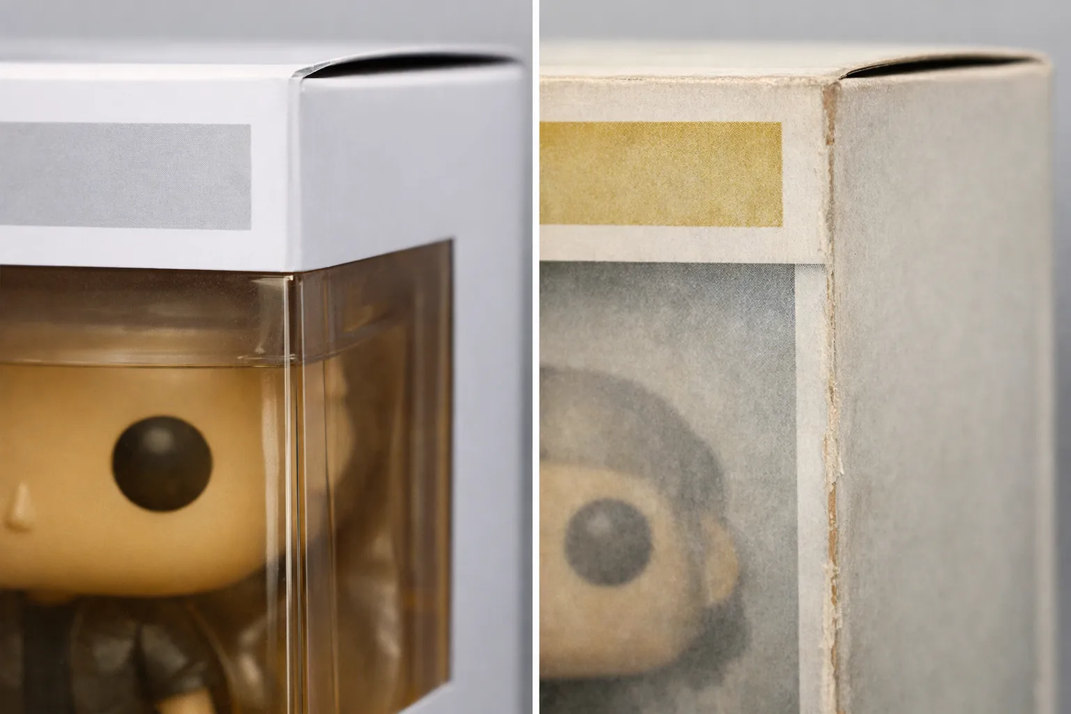 Comparaison d’une fenêtre de boîte légèrement ambrée et d’un carton aux couleurs ternies.