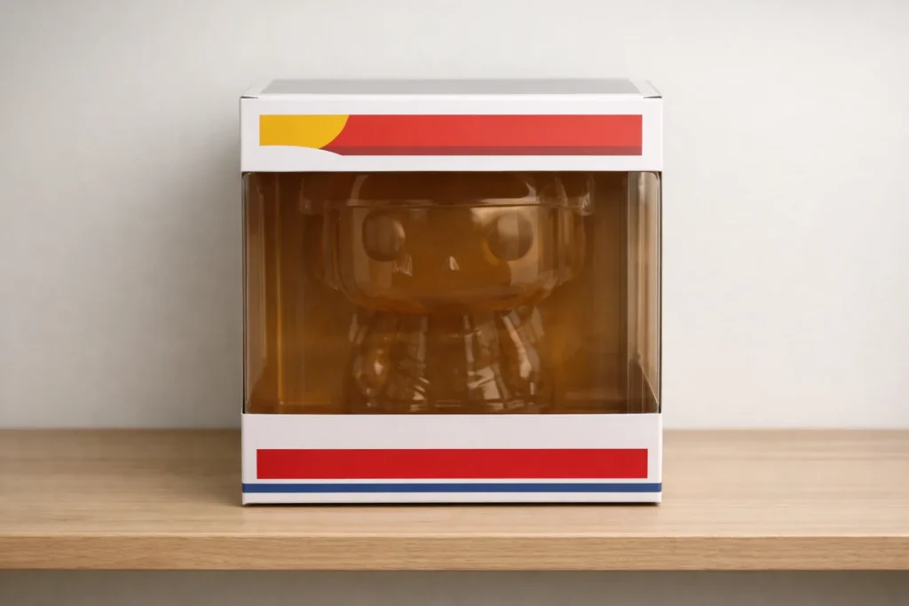 Boîte Funko Pop dont la fenêtre transparente présente une légère teinte ambrée.