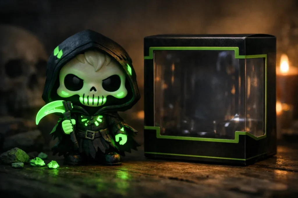 Figurine vinyle aux détails verts lumineux posée près de sa boîte dans une pièce sombre.