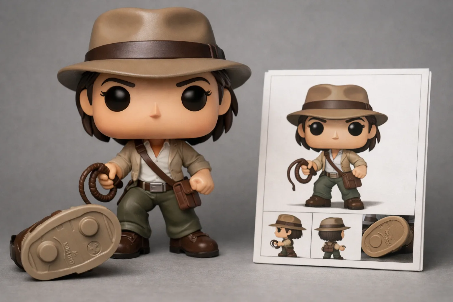 Détail d’une figurine vinyle sortie de sa boîte, avec son accessoire et le dessous du pied visibles.