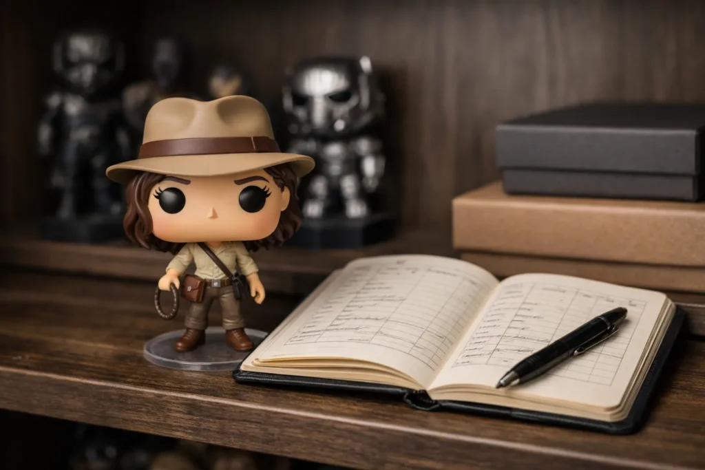 Une Funko Pop sortie de sa boîte est posée près d’un carnet d’inventaire ouvert.