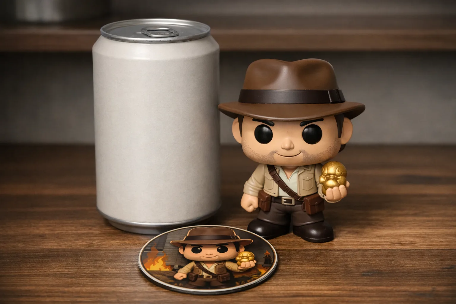 Une canette de figurine vinyle est présentée avec la figurine et un disque de collection à ses côtés.
