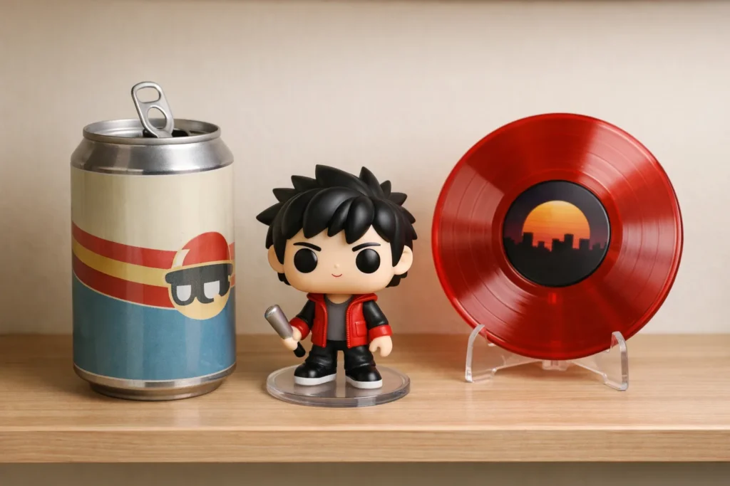 Une figurine vinyle stylisée est exposée à côté de sa canette cylindrique et d’un petit disque illustré.