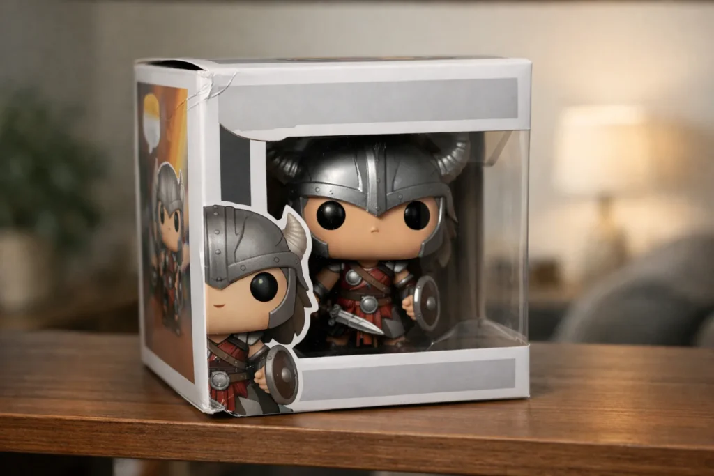 Boîte Funko Pop sur une étagère, avec un coin du carton légèrement déformé et une fenêtre transparente.