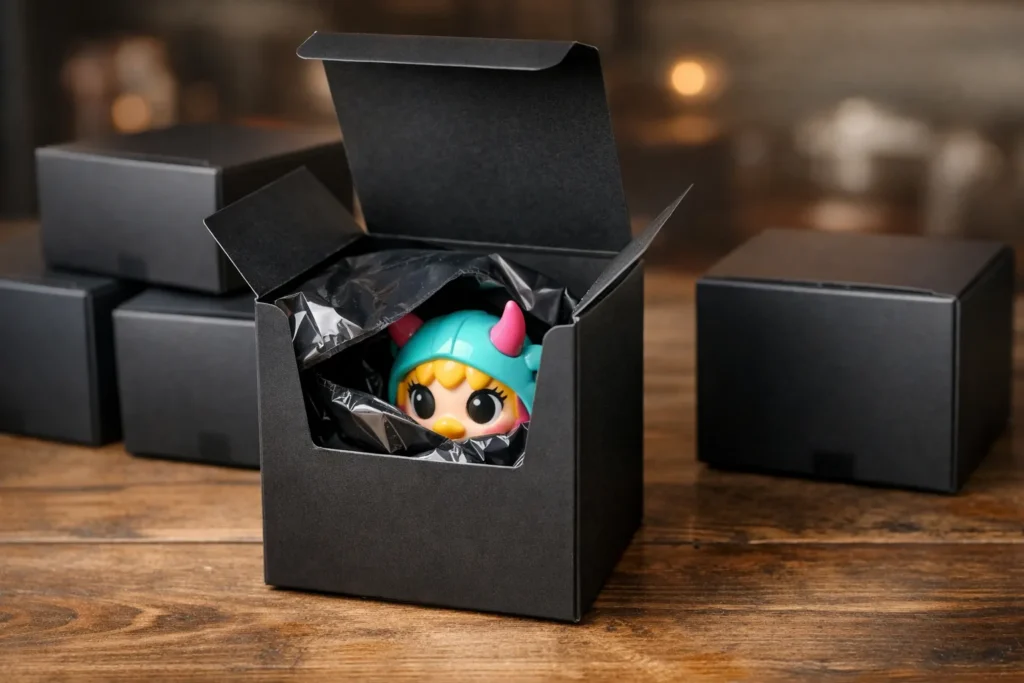 Une petite figurine colorée révélée à côté de boîtes de collection encore fermées.