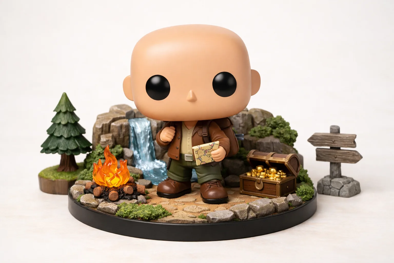 Figurine vinyle stylisée intégrée à une base décorée avec plusieurs éléments de scène.