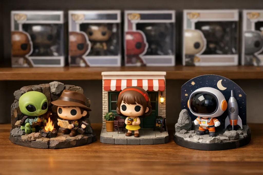 Trois figurines vinyle à grosse tête présentées avec une scène à plusieurs personnages, une façade miniature et un décor intégré.