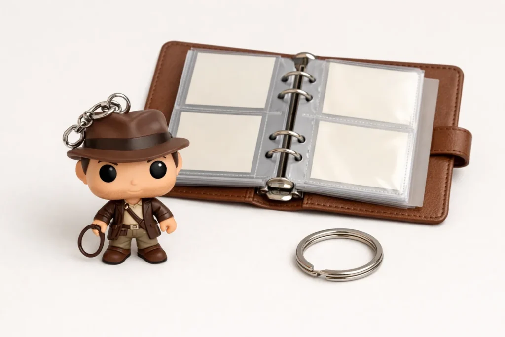 Porte-clés miniature représentant un personnage stylisé, avec son anneau métallique posé à côté.