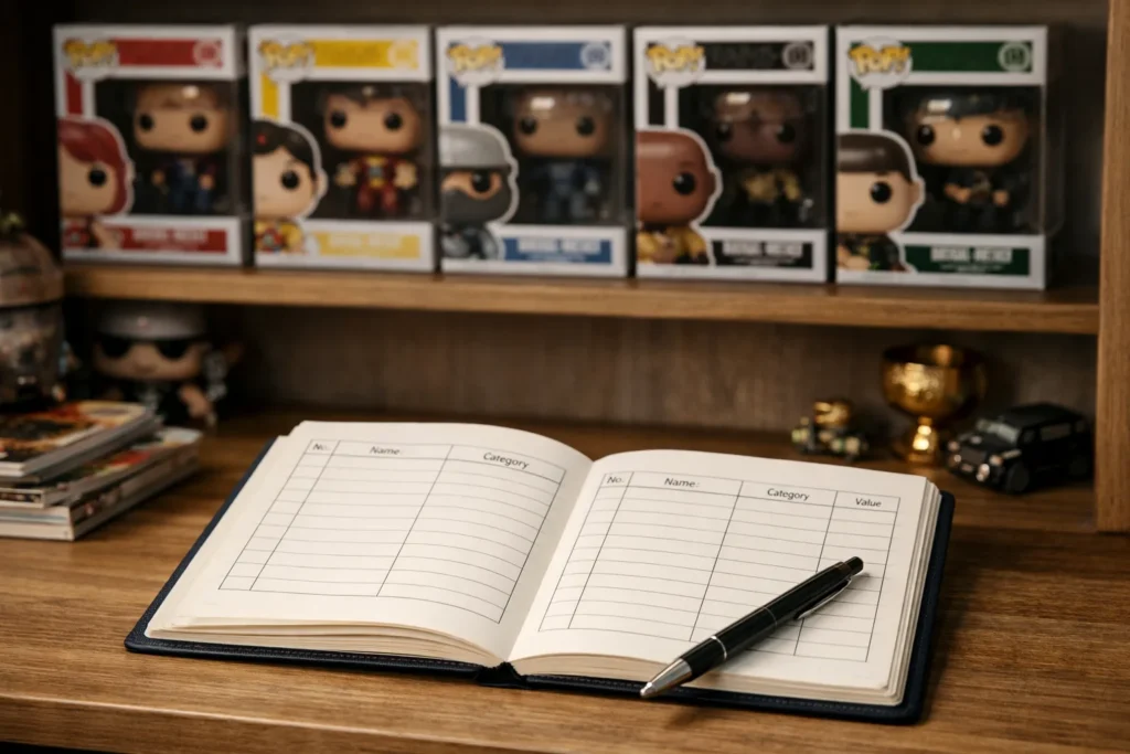 Boîtes Funko Pop rangées près d’un carnet de collection où les figurines sont classées par nom et par licence.