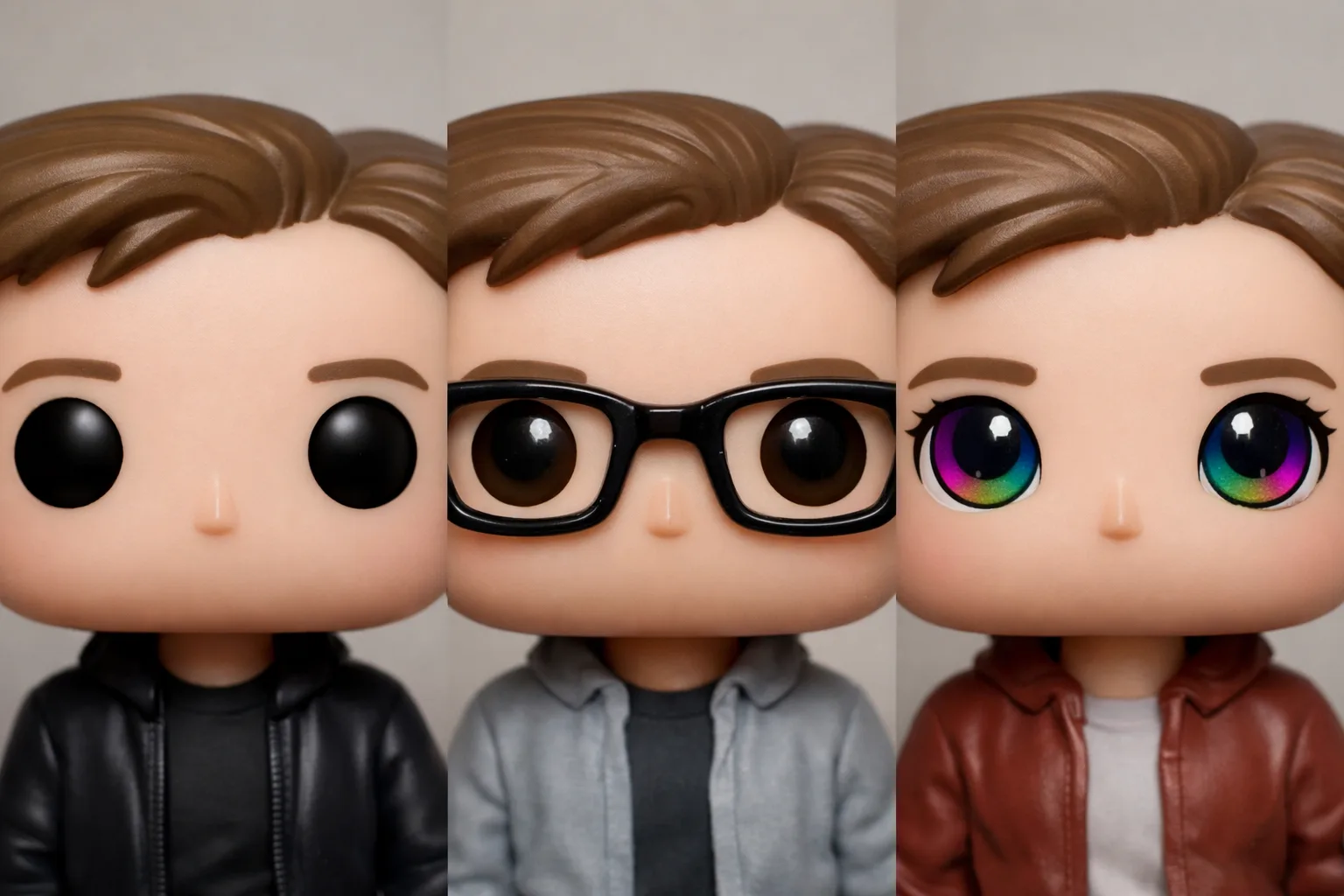 Trois visages de figurines vinyles, avec des yeux noirs, des lunettes et des yeux colorés.