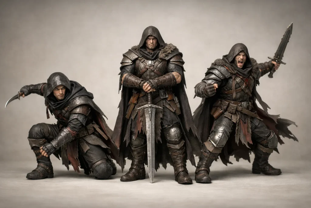 Trois figurines d’un même personnage fictif présentent des postures et des expressions différentes sur un fond clair.