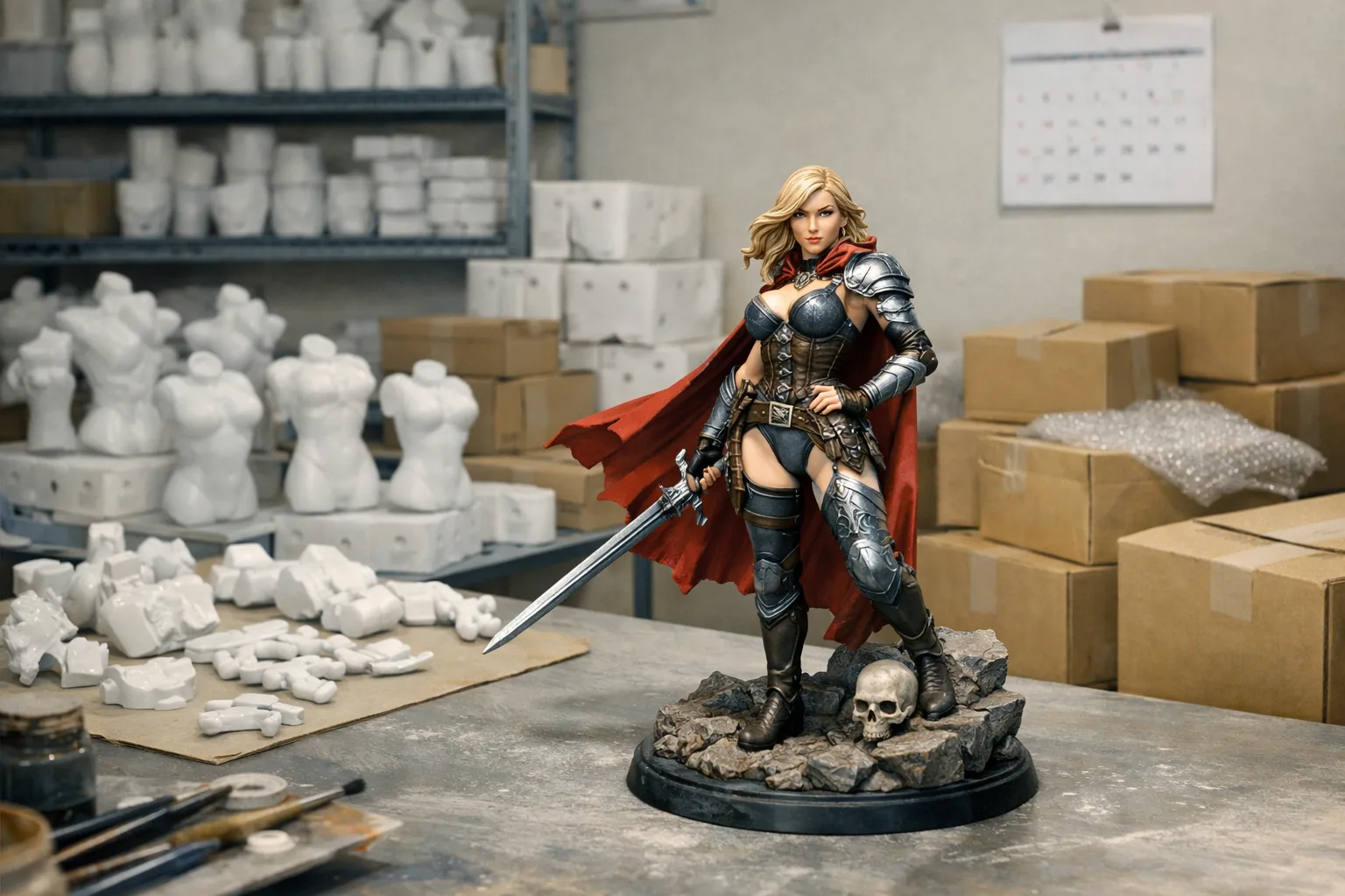 Prototype de figurine devant des pièces de production et des cartons prêts au transport.