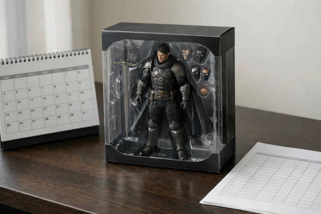 Une figurine en boîte posée à côté d’un calendrier et d’une feuille de suivi.